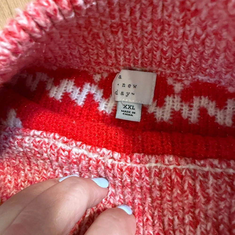 A New Day Pullover Sweater Womens XXL Red White Apres Ski Oversized Chunky Knit